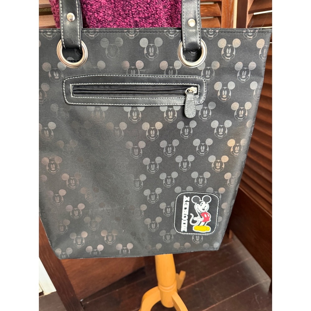 Disney Mickey Mouse Black Tonal Print Tote Bag Shoulder Purse with Patch